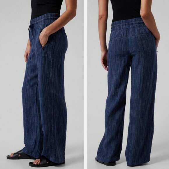 Athleta Pants - Athleta Womens Cabo Linen Textured Wide Leg Pants Blue Loose Fit Pockets Size 8